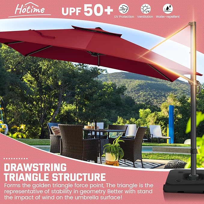 Hotime 10ft Patio Umbrella Outdoor Patio Height adjustable and Windproof, Heavy Duty Aluminum Square Offset Patio Umbrella Cantilever Pool Umbrella with 360°Rotation for Garden Deck Pool, Wine Red