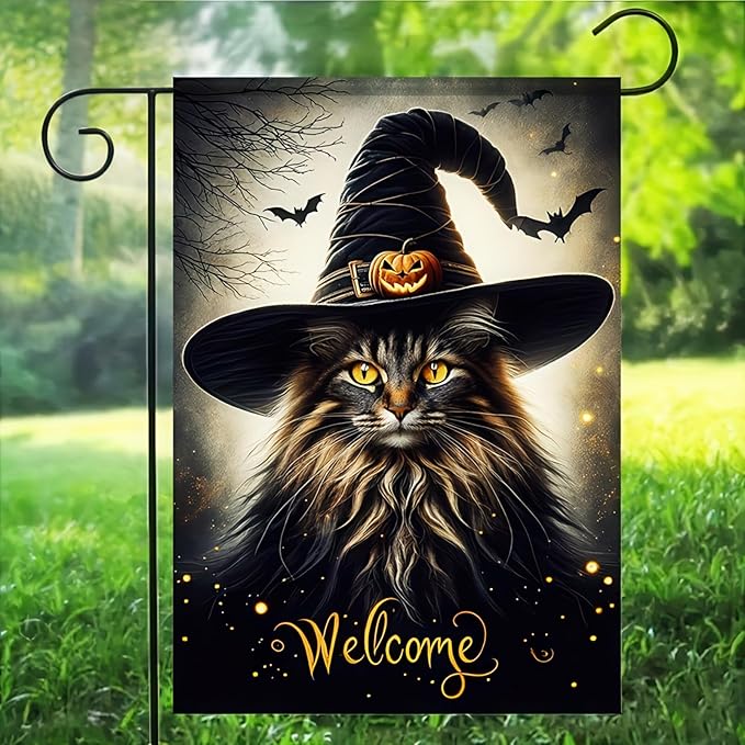 Double Sided Vertical Flag - 12x18 Halloween Cat Garden Flag for Outside, Fall Holiday Outdoor Decorative Flag
