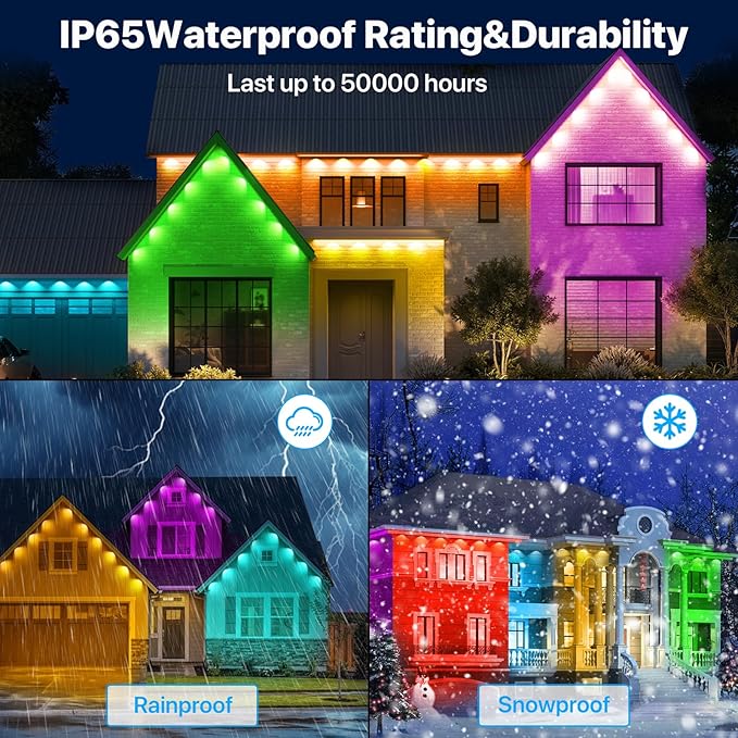 Permanent Outdoor Lights,100FT RGB+IC LED Lights with Smart APP & Remote Control, 72 Scene Modes, Waterproof IP65 for Holiday,Christmas,Yard Decorations