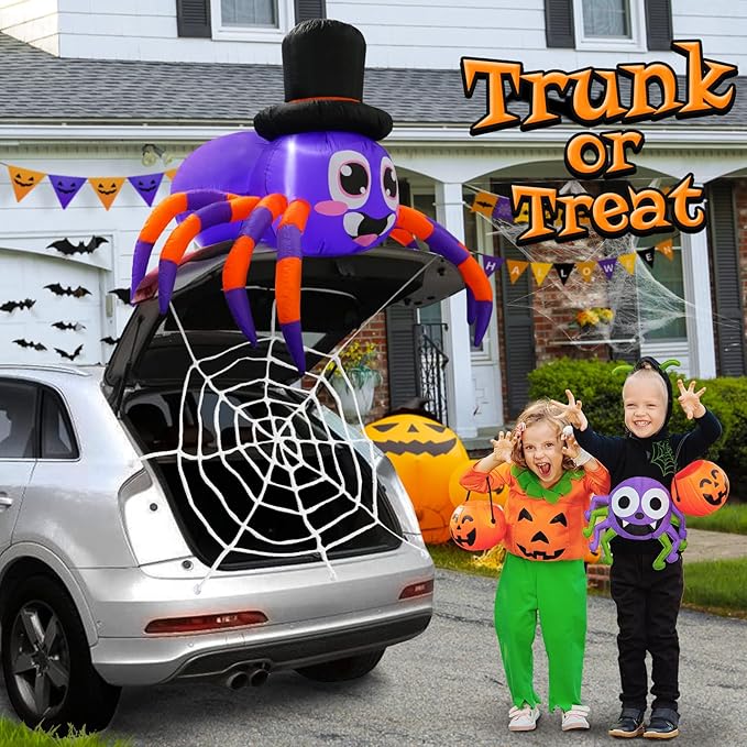 Trunk or Treat Car Decorations Kit, Halloween Decorations Outdoor Outside 5ft Inflatable Spider with Built-in LEDs, Trunk or Treat Decoration, Halloween Blow ups Yard Decoration Spider with Web