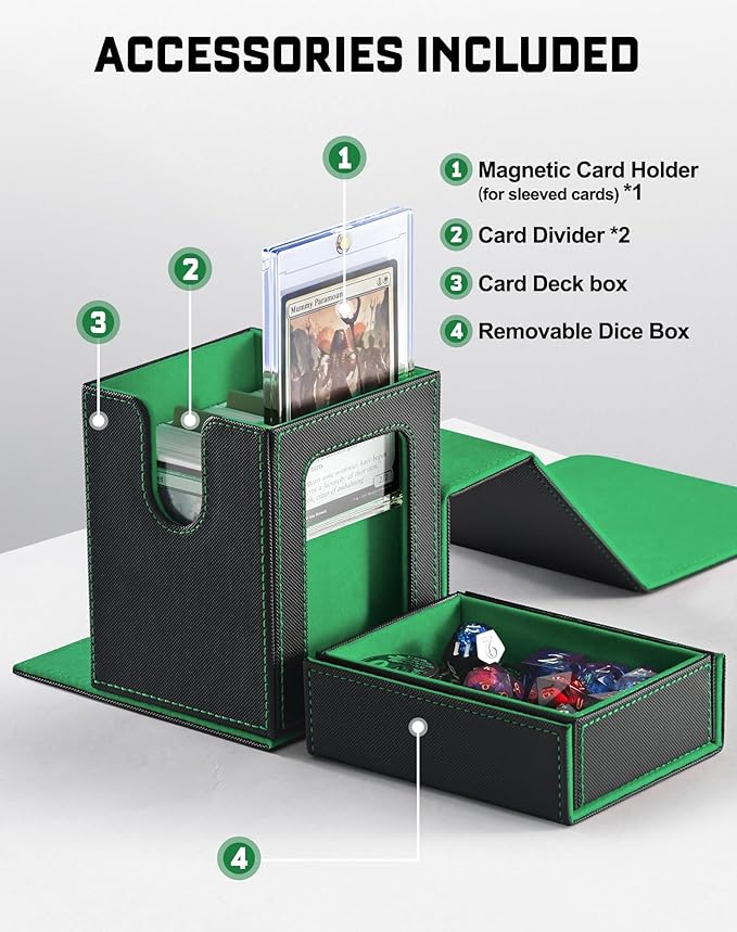 ZLCA MTG Commander Deck Box with Display Window, Deck Box Holds 100 Double-Sleeved with Dice Tray & 35pt Magnetic Card Holder（Black& Green）