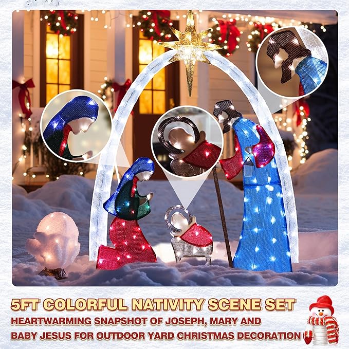 MUPATER 5ft Lighted Outdoor Christmas Decoration Nativity Scene, Lighted Christmas Yard Decor Nativity Set for Lawn and Home Holiday Party with Lights, Ground Stakes and Zip Ties, Multicolor