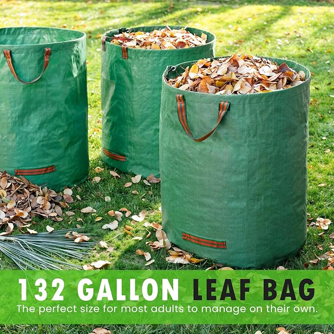 Gardenpal 3 Pack 132 Gallon Reusable Yard Waste Bag, Heavy Duty, Upright Lawn Bags with 4 Reinforced Handles (132 Gallon/3 Pack)
