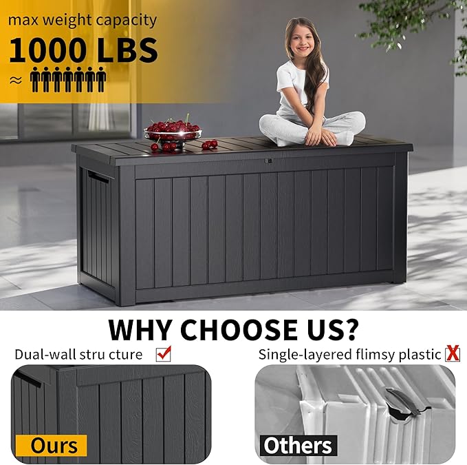 270 Gallon Deck Box, Resin Outdoor Indoor Waterproof Storage Box, Lockable Storage Box With Handle for Patio Furniture - Garden Tools - Swimming Pool Tools UV Resistant, Black - 270