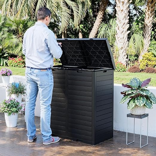Outdoor Trash Can with Lid, Outdoor Trash Bin & Pull-Out Liquid Drawer, Dual Lid Closure Design, Waterproof Resin Garbage Can Container for Patio, Backyard, Deck (Black, 61 Gallon)