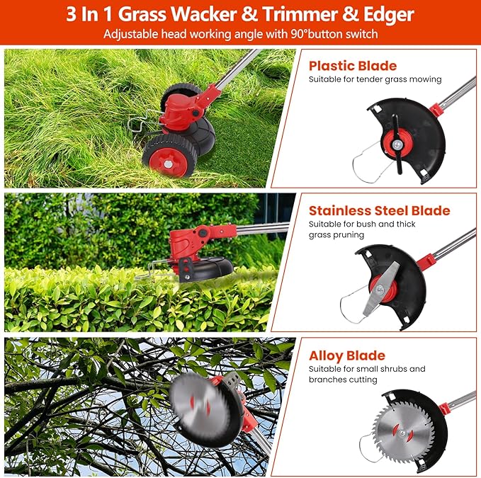 Cordless Weed Wacker, Battery Powered Weed Eater 3 in 1 Stringless Grass Trimmer with 3 Types Blades and 2Pcs 2.5 Ah Battery, Adjustable Length for Yard Lawns Garden (25 Blades, Wheels)