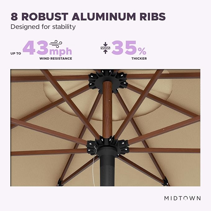 Midtown Umbrellas The Wooden 8 Feet Patio Umbrella With Sunbrella HeaMidtown Umbrellas Ther Tan Acrylic Fabric - Aluminum Frame Market Umbrella For Backyard, Deck, Garden, Pool - Wooden Pole