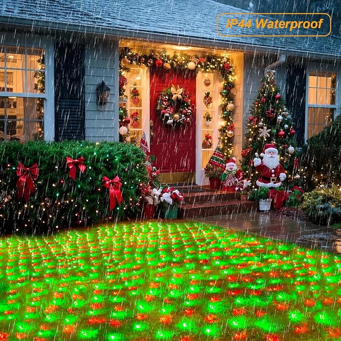 Pooqla Christmas Net Lights, 300LED Outdoor Net Mesh Lights, 14.8x4.9 ft Fairy String Lights 8 Modes Green Wire, Connectable Waterproof Decorative for Bushes Tree Garden Halloween, Red and Green
