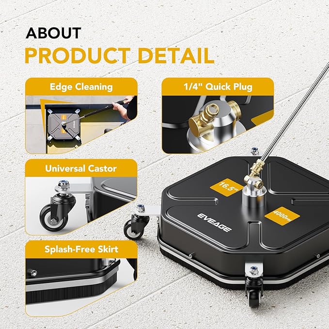 EVEAGE 16.5" Pressure Washer Surface Cleaner - Stainless Steel Power Washer Surface Cleaner with 4 Wheels & 2 Extension Wands, 4000PSI Power Washer Accessories Attachment