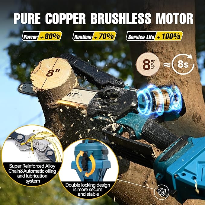Cordless Pole Saw with 2 Max 20V*4Ah Batteries,8inch Chainsaw and Pole tree trimmer, Electric Pole Saw and Branch cutter Battery Powered,15-Foot Reach for Tree Trimming and Pruning