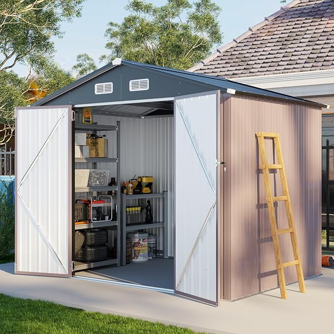 Aoxun 8' x 6' Storage Shed Outdoor Steel Garden Utility Cabinet with Lockable Door Waterproof & Rust-Proof for Yard, Patio, Backyard, Garden (Brown)