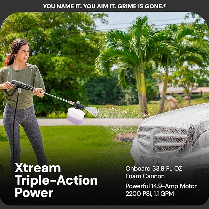 Sun Joe Electric Pressure Power Washer w/ 4 Nozzles & Foam Cannon, 2200 PSI (PWMA Certified), 1.1 GPM, 14.9-Amp Motor - Heavy-Duty Cleaning Machine for Patios, Decks, & Sidewalks, SPX3000-XT XTREAM
