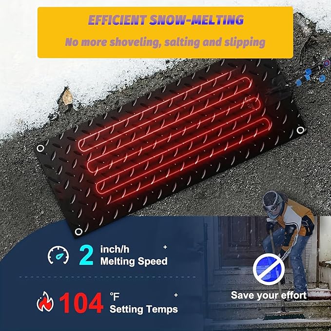 Heated Snow Melting Mats for walkways Stairs- Outdoor Heated Mats- Non-Slip Electric Heated Foot Mats for Winter Snow Removal- Heated Snow Melting Mat for Stairs garages Driveway (10in x 30in)