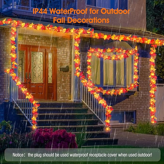 Fall Decorations for Home Large Maple Leaves 9Ft Plug in Fall Lights with 50 Orange Bulbs UL Certified Connectable Fall Decor Garland for Indoor Outdoor Halloween Thanksgiving Harvest Decorations
