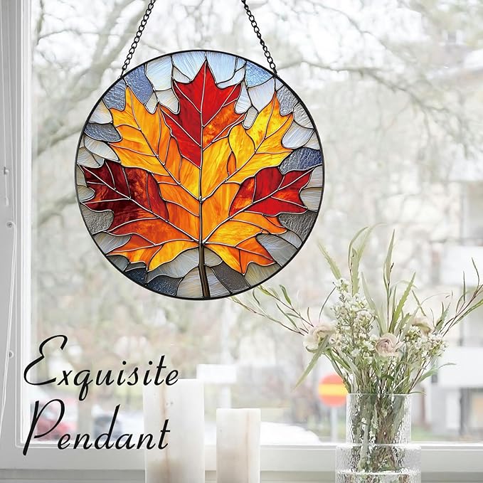 Rustic Autumn Maple Leaves Suncatcher -7.9 in Stained Glass Window Hanging Sun Catcher Garden Decor
