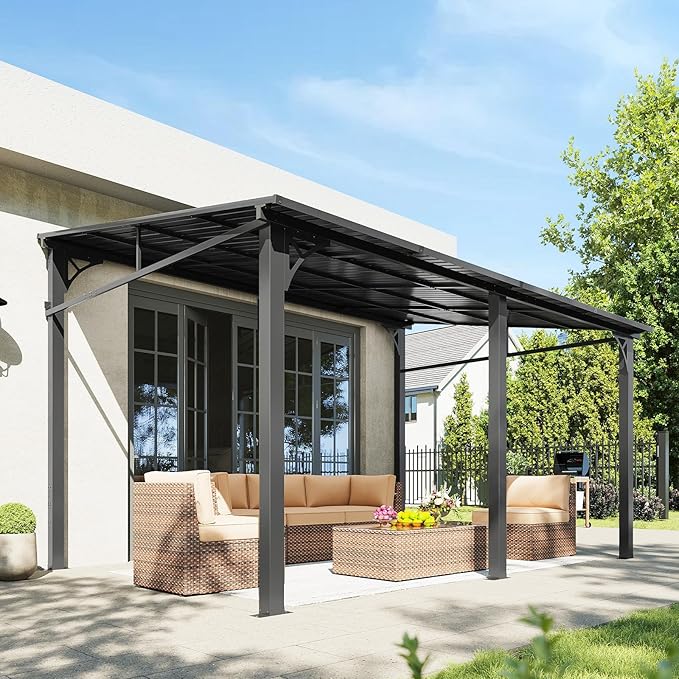 Aoxun 10' x 14' Lean to Gazebo, Upgraded Hardtop Outdoor Pergola with Sloping Galvanized Steel Roof, Large Wall-Mounted Heavy Duty Awnings for Patio, Backyard, Deck, Porch (Black)