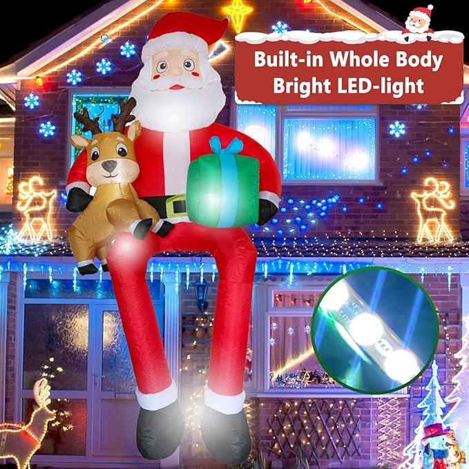 9.5Ft Christmas Inflatables Outdoor Decoration, Giant Sitting Santa Claus & Reindeer with Gift Box Christmas Inflatable with LED Light Blow Up Yard Decorations for Xmas Roof Eaves Lawn