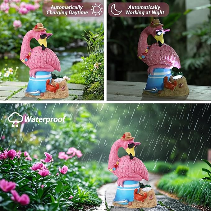 Flamingo Garden Statue Outdoor Decor, Resin Garden Flamingo Figurine Sculpute with Solar Lights for Yard Porch Lawn Decorations, Outdoor Statues Housewarming Flamingo Gifts for Women