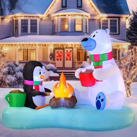 Joiedomi 6 FT Long Christmas Inflatable Polar Bear and Penguin with Campfire Decoration, Blow Up Yard Decoration Christmas Inflatable with Build-in LEDs Blow Up for Xmas Party, Lawn, Winter Décor