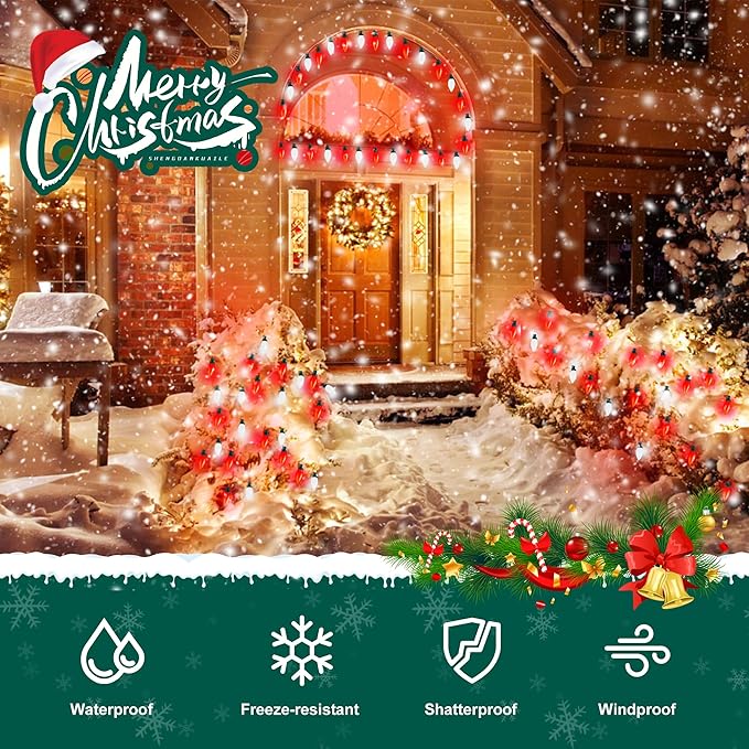 Red&White C9 Big Bulbs Classic Christmas Lights 50 LED 32ft Strawberry Light - Waterproof Green Wire Fairy Lights, for Indoor Outdoor Home Yard Xmas Tree Decorations (Red White - 50LED)