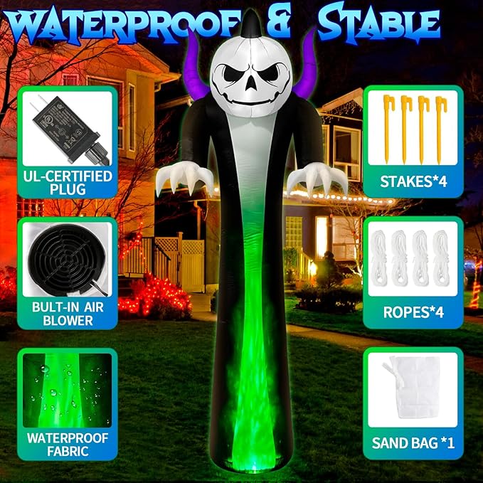 12FT Halloween Inflatables Decoration Outdoor Giant Pumpkin Reaper Ghost Built-in 3-Colored Rotation Flame LED Halloween Blow Up Yard Decorations Spooky Outdoor Party Yard Lawn(1PCS)