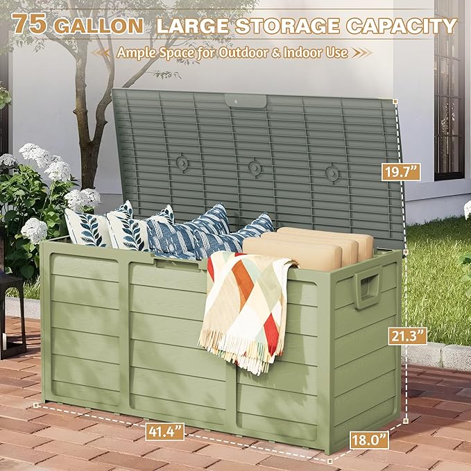 75 Gallon Outdoor Deck Box - Heavy Duty Resin Storage with Lockable Lid, UV Resistant for Patio Furniture Cushions, Pillows (Green)