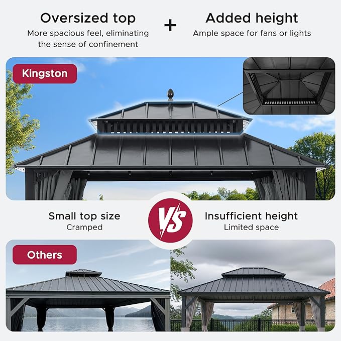 SUNJOY Kingston 12' x 10' Hardtop Gazebo with Galvanized Steel Double Roof, Curtain and Netting, Gray Aluminum Posts Permanent Pavilion Gazebo for Garden, Patio, Deck, Lawn