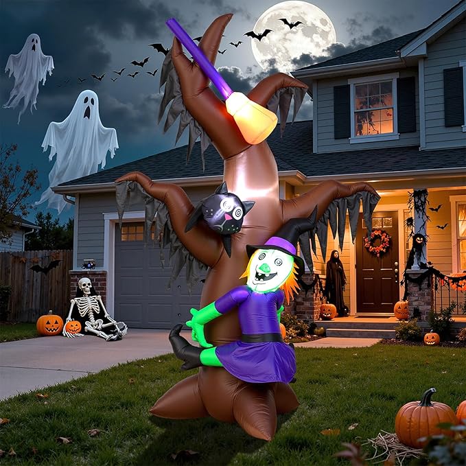 8FT Halloween Inflatables Witch Climbing Dead Tree with Cat & Broomstick, Large Blow Up Yard Decorations, Self-Inflating Spooky Outdoor Halloween Inflatable for Parties, Garden, Lawn