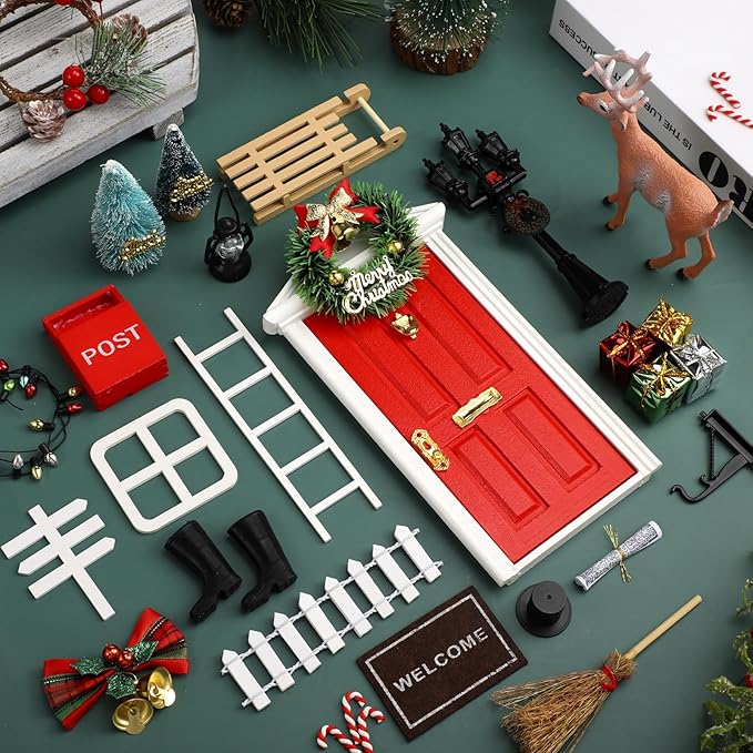 Shappy 39 Pcs Christmas Fairy Door Kit Wooden Elf Fairy Doors Decorations with Accessories Mini Door Tiny Miniature for Christmas Tale DIY Craft Garden Home Party Decoration(Red)
