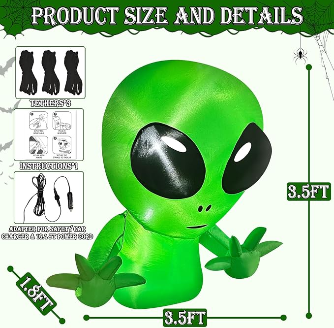 3.5 Ft Halloween Inflatable Alien Trunk Or Treat Car Decoration with Built-in LEDs, Halloween Blow Up Alien Broke Out from Car Decoration Outdoor Yard Decor