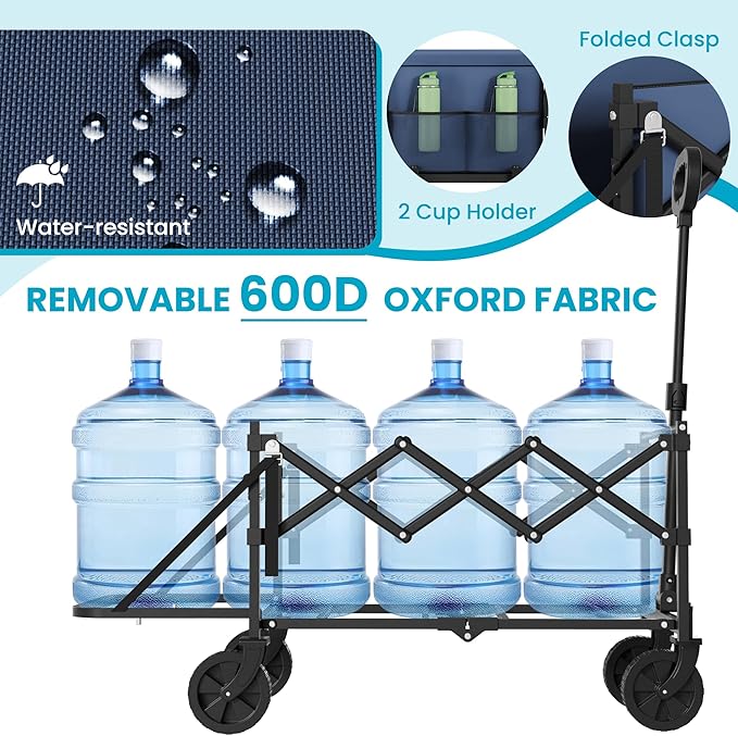 Collapsible Wagon with Tailgate, Ultra-Compact & Portable Folding Wagon with 350lbs Capacity, Lightweight Portable Utility Wagon Cart for Shopping Camping Sports Garden (Navy)