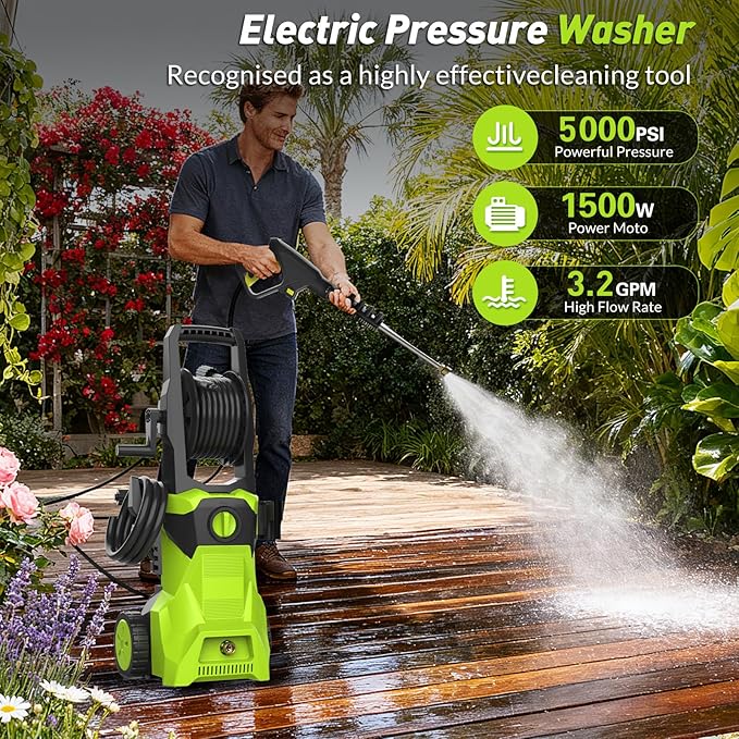 Pressure Washer, 5000PSI Power Washer with 4 Quick Connect Nozzles & Foam Cannon & 52 FT Hose Reel, Portable High Pressure Washer Cleaning Machine for Cars Fences Patios