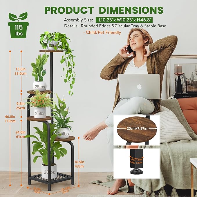 TOSKING 5 Tier Metal Plant Stand Indoor 48''H Tall ,Heavy Duty Plant Shelf , Corner Shelf Flower Pot Stand for Outdoor Plant Stand for Living Room Balcony Garden Patio Bedroom (5 Tier-Brown)