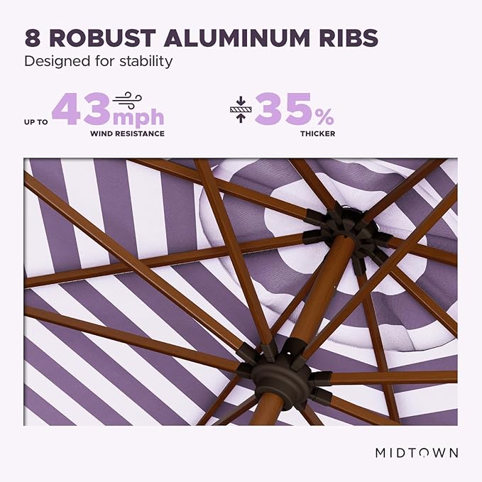 Midtown Umbrellas Wooden 2-9 Feet Outdoor Patio Umbrella, Terylast Purple & White Stripes Fabric, Aluminum Frame For Backyard Umbrella, Deck Umbrella, Garden Umbrella & Pool Umbrella - Wooden Pole