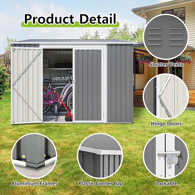 6x8FT Lean to Shed Metal Outdoor Storage Sheds with Floor Frame,Large Tool&Lawn Mower Shed with Two Lockable Doors for Garden Backyard Patio Storage,Outside Waterproof Storage Shed