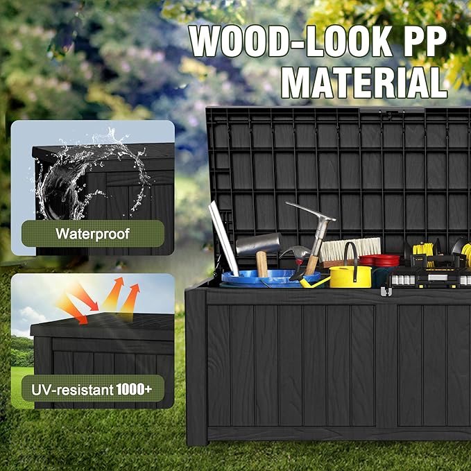 150GAL Black Large - Capacity Outdoor Deck Box with Lockable Compartment - Waterproof, SGS - Protected Against UV, Ideal for Storing Large Patio Furniture Sets and Seasonal Decor, Hassle