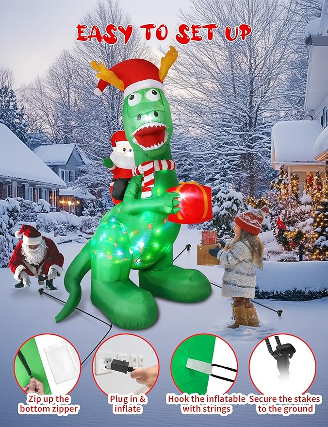 8ft Christmas Inflatables Dinosaur Outdoor Decorations with Bright LED and Disco Light, Santa Claus Riding Dinosaur Holding Gift Box, Outside Blow Up Decor for Xmas Holiday Party Yard Garden