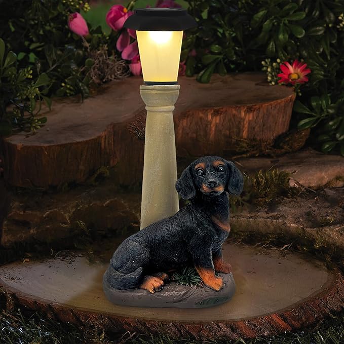 BAYN Solar Dog Garden Statues with Lantern, Resin Dachshund Sculpture with Warm White Light for Outside Lawn Porch Patio