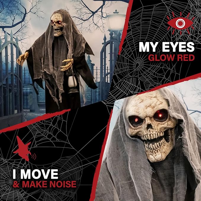 Haunted Hill Farm Life-Size Scary Skeleton Reaper Holding Lantern, Halloween Animatronic with Touch Activated Lights and Sound, Battery Operated Indoor or Covered Outdoor Halloween Decorations