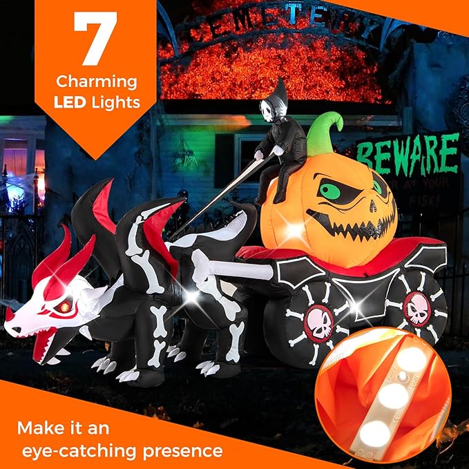 Goplus 9 FT Halloween Inflatable Outdoor Decoration, Blow up Grim Reaper Driving Pumpkin Carriage with Skeleton Dragon & Skull Wheels, Built-in LED Lights, Holiday Decorations for Garden, Yard & Lawn