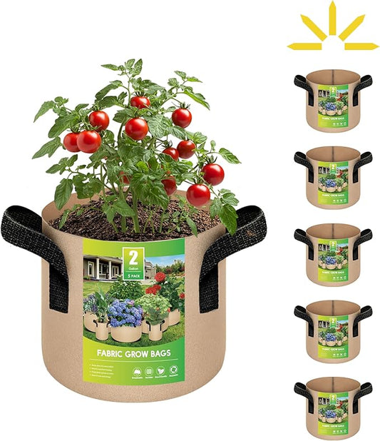 iPower 5 Pack 2 Gallon Grow Bags Heavy Duty 300G Thickened Nonwoven Fabric Plant Pots with 5 Labels & Handles for Outdoor Garden, Aeration Planter Bags for Fruits, Vegetables, Tomato & Flowers, Tan