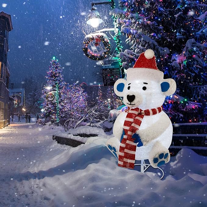 Glintoper Lighted Christmas Decorations, Pre-Lit Pop Up Plush White Bear with Built-in Lights, Collapsible and Easy-Assembly, Light Up Polar Bear for Indoor Outdoor Holiday Xmas New Year Winter Decor