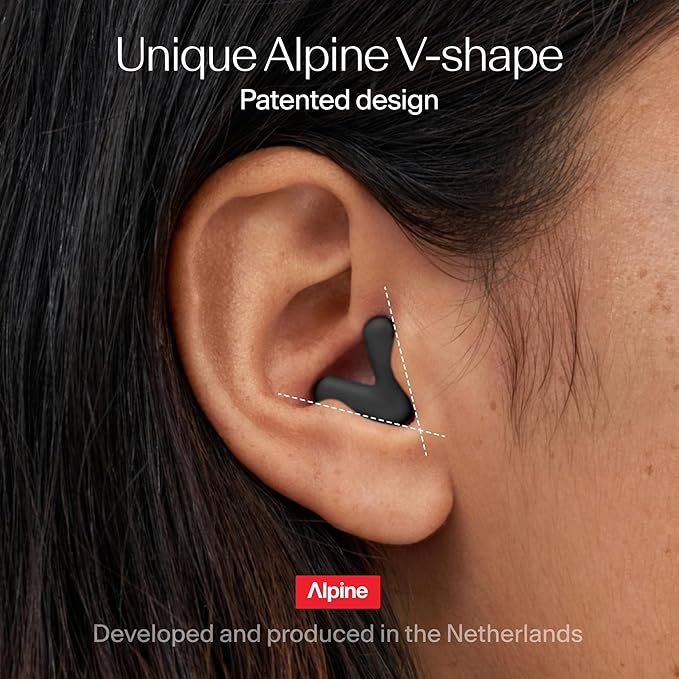 Alpine Silence Earplugs for Sleep, Focus & Travel - V-Shape Snug Fit & Soft Oval Tips – 4 Sizes XS/S/M/L - Comfortable, Reusable Hearing Protection - 22dB – Black