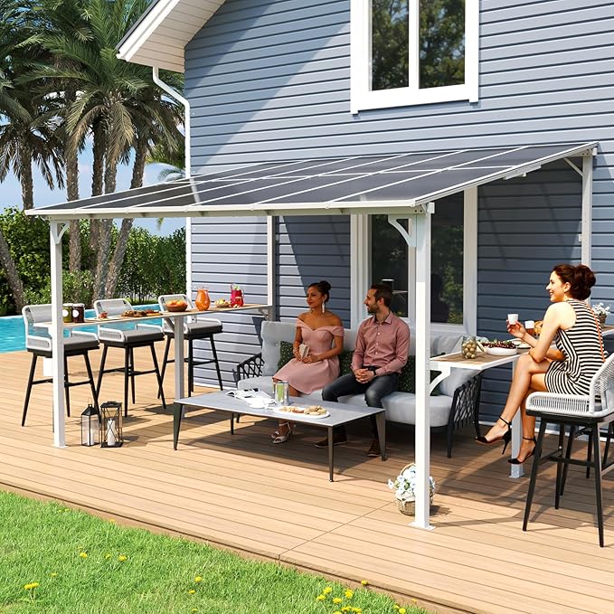 MEISSALIVVE 10' x 12' Wall Mounted Gazebo, Outdoor BBQ Grill Gazebo with Side Shelf, Lean to Metal Awnings with Sloped Roof, Heavy Duty Pergola for Backyard, Deck, White