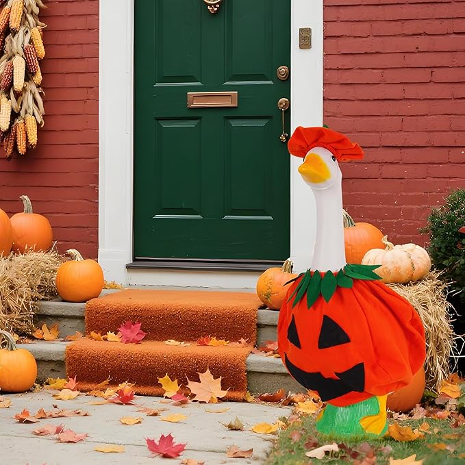JIAYAN Porch Goose Outfits Outdoor Decoration: 2Pcs Cute Pumpkin Costume Set 23"/ 17" Lawn Goose Statue Clothes for Theme Party Garden Patio Yard