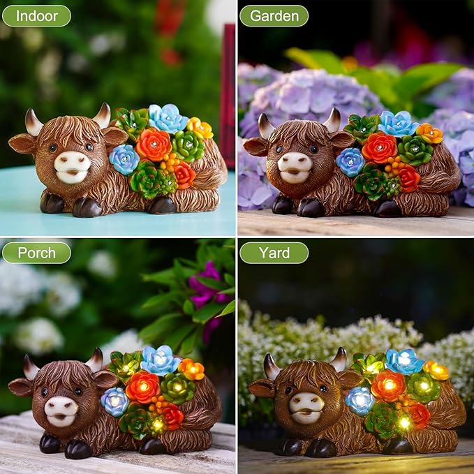 Nacome Solar Garden Statues Highland Cow with Succulent and 6 LED Lights - Lawn Decor for Patio Balcony Yard Ornaments - Birthday Gifts Mom Grandma Women(Brown)
