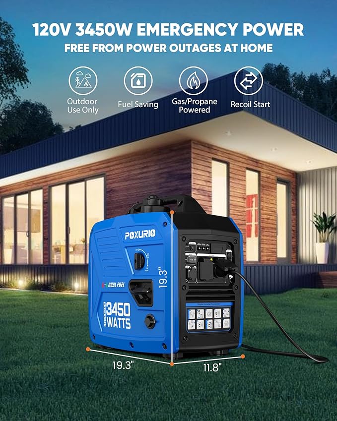 3450-Watt Dual Fuel Inverter Generator for Home Use, 1.6Gallon Large Fuel Tank Up to 8.3 Hours Use, 120V Gas Powered Generator Super Quiet - EPA Compliant