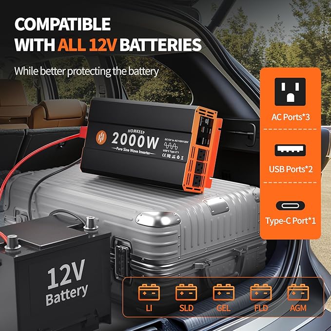 2000W Pure Sine Wave Power Inverter 12V DC to 110V AC Converter Peak Power 4000W for RV Truck Off-Grid Solar Car Inverter with 3 AC Outlets, 2 USB & 1 Type-C Ports, Cables Included, Remote Controller