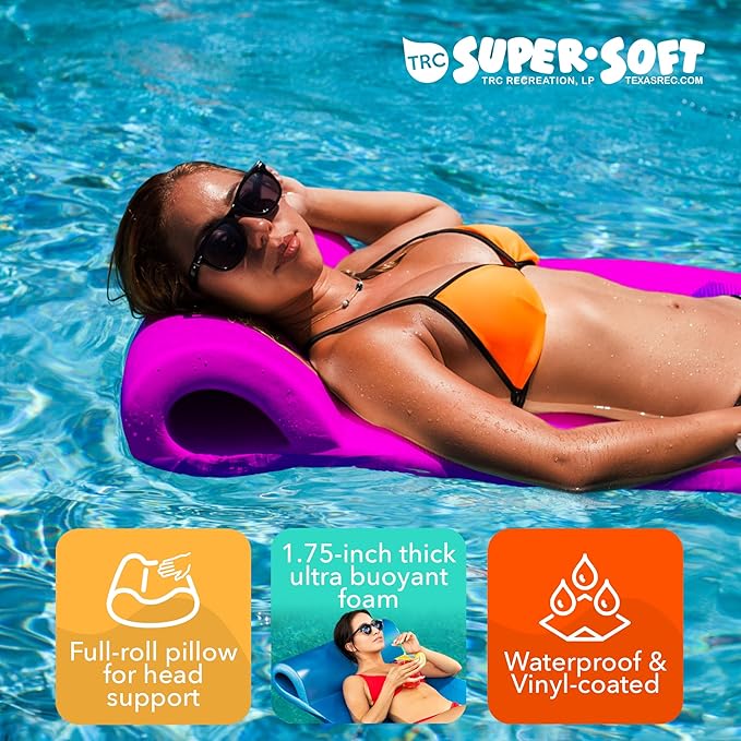 TRC Recreation Sunsation Vinyl Coated Foam Swimming Pool Float Mat Adult Lounger with Built-in Roll Pillow