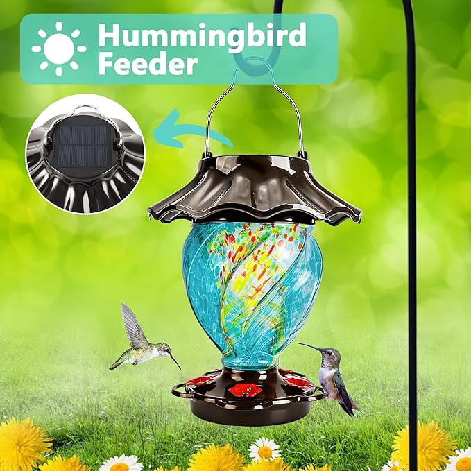 LUJII Solar Powered Hummingbird Feeder for Outside, Hand Blown Glass, 35 fl.oz, Never Leak, Waterproof, Metal Base Top, Lighted Lantern for Garden Decoration, Unique Gift for Bird Lovers, Teal